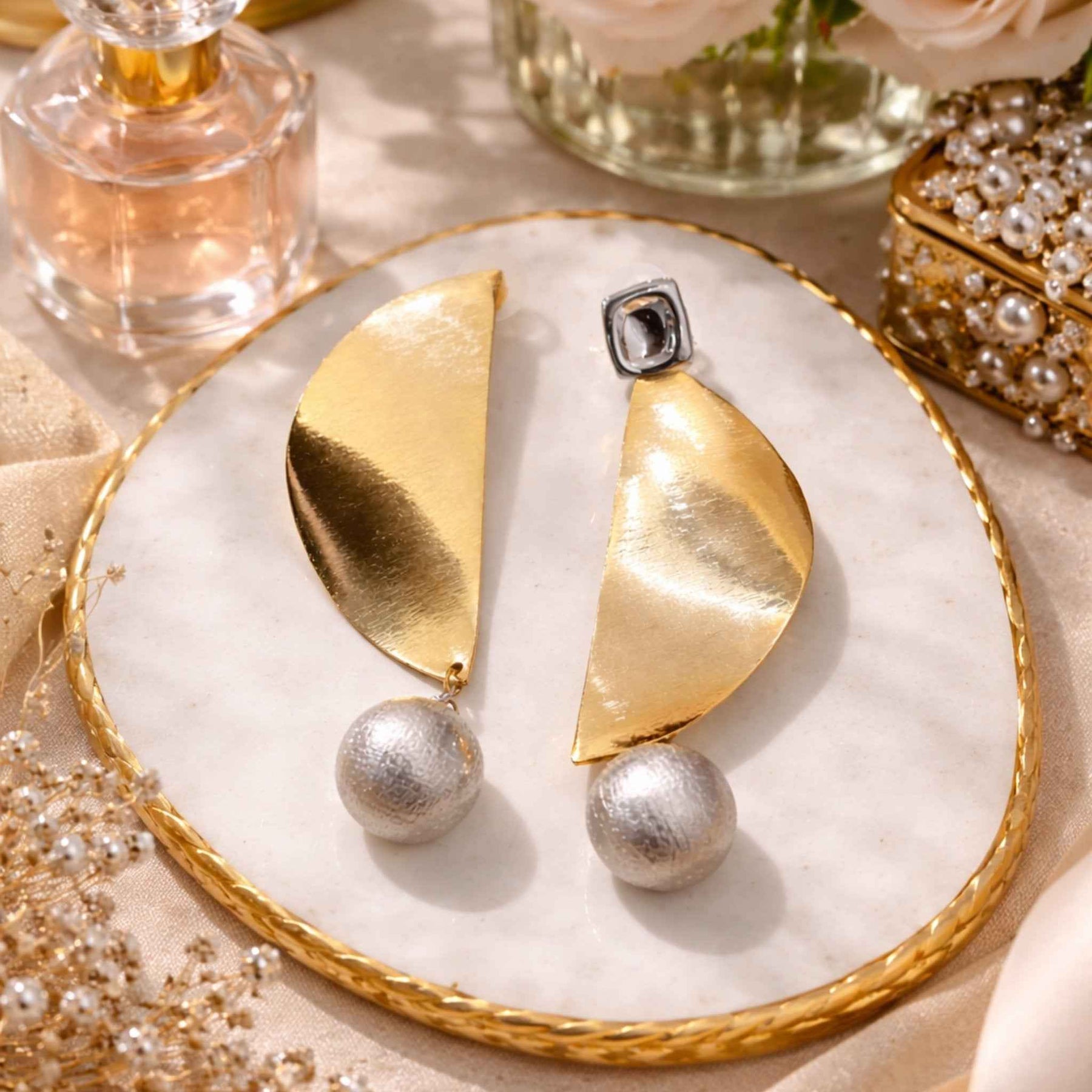 Auric Pearl Statement Earrings | Gold Abstract Drop Earrings for Women | Luxe Modern Jewelry