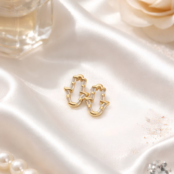 Open outline Hamsa hand stud earrings with sparkling white stone border in gold – anti-tarnish Korean jewellery by Sajna Sawarnaa
