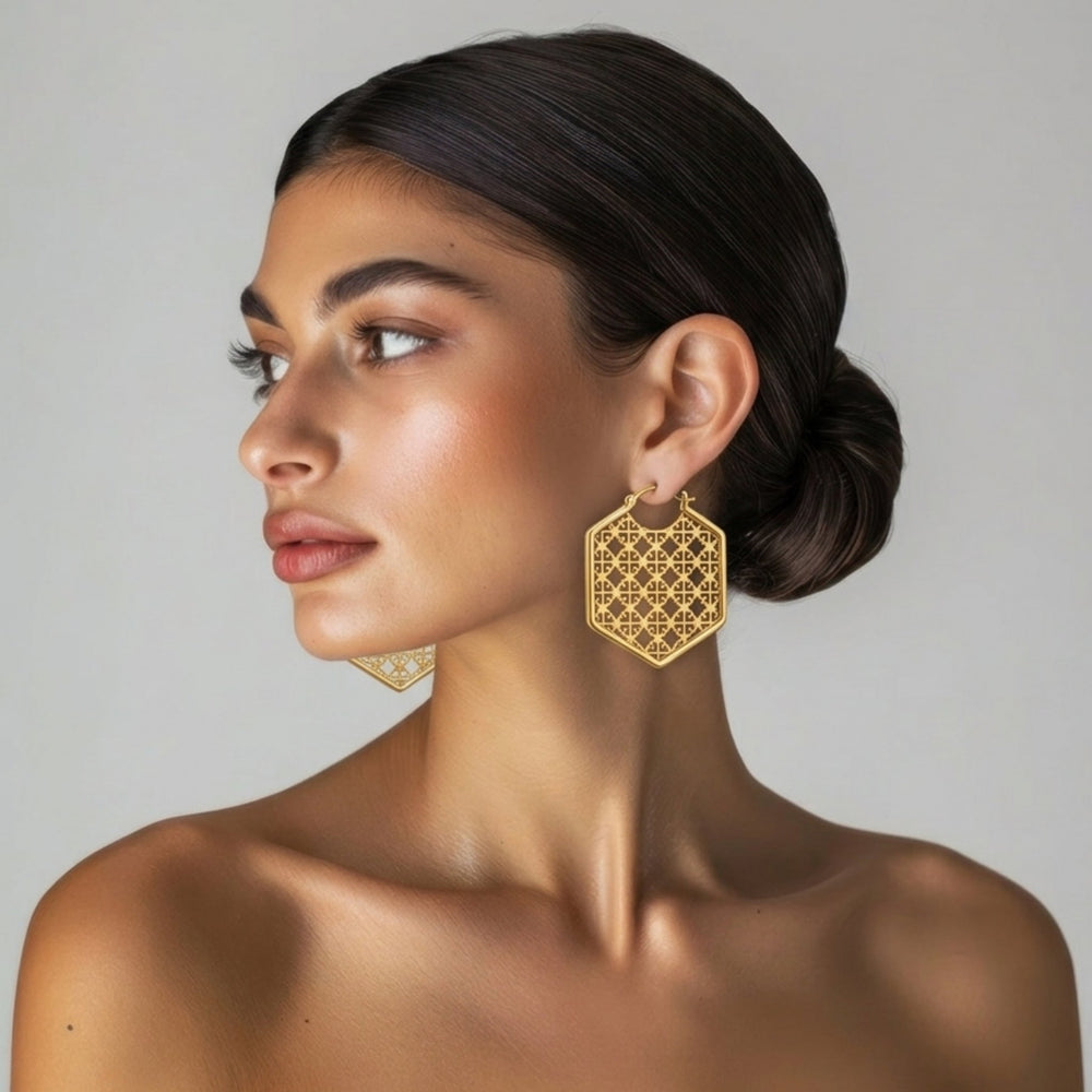 Large hexagon filigree clover lattice cutwork hoop earrings silver and gold – anti-tarnish Korean jewellery by Sajna Sawarnaa
