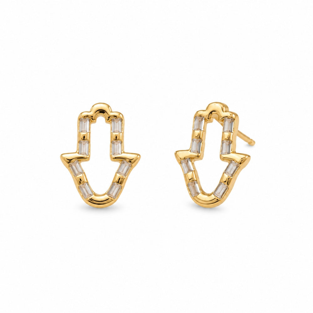 Open outline Hamsa hand stud earrings with sparkling white stone border in gold – anti-tarnish Korean jewellery by Sajna Sawarnaa
