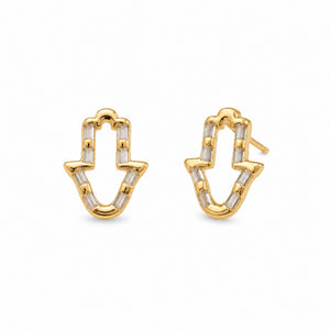 Open outline Hamsa hand stud earrings with sparkling white stone border in gold – anti-tarnish Korean jewellery by Sajna Sawarnaa
