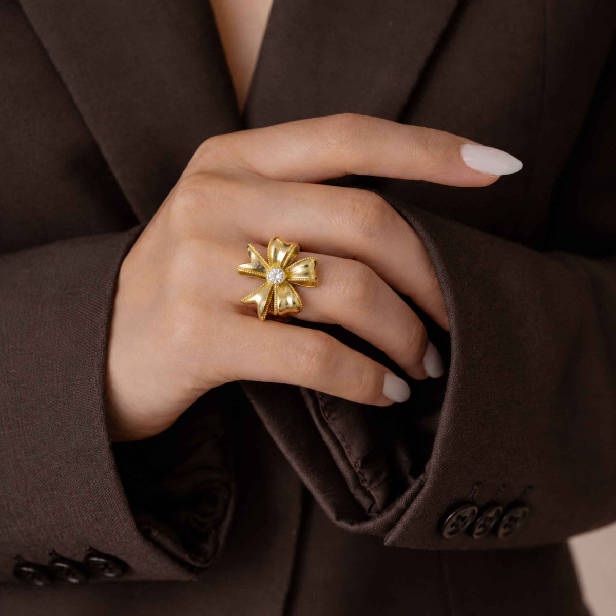 Golden Bow Flower Ring for Women | Elegant Zircon Statement Ring | Anti-Tarnish Korean-Inspired Jewelry