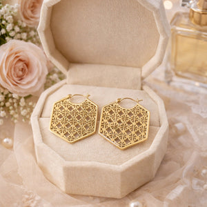 Large hexagon filigree clover lattice cutwork hoop earrings silver and gold – anti-tarnish Korean jewellery by Sajna Sawarnaa
