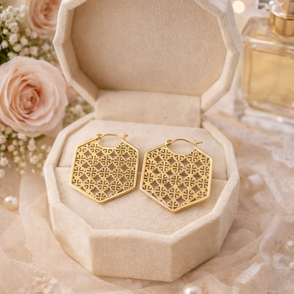 Large hexagon filigree clover lattice cutwork hoop earrings silver and gold – anti-tarnish Korean jewellery by Sajna Sawarnaa

