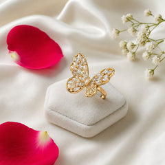 Pearl Butterfly Statement Ring styled with rose petals, luxury anti-tarnish jewelry