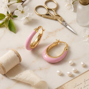 Gold and color-dipped enamel oval hoop earrings for women by Sajna Sawarnaa, featuring chunky design and anti-tarnish Korean jewelry style.