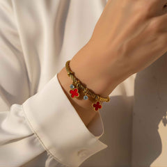 Premium Red Charm Bracelet – Gold Finish | Stylish Lucky Clover Jewelry