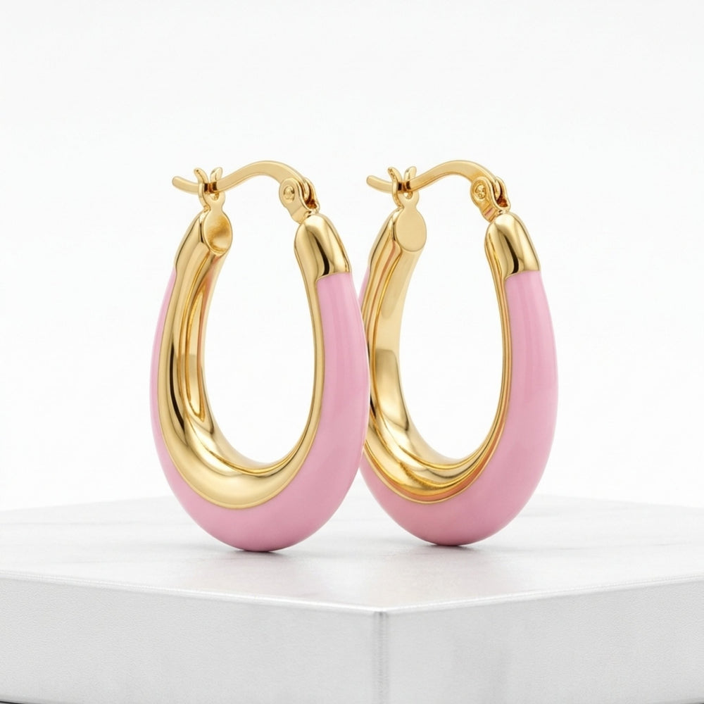 Gold and color-dipped chunky enamel oval hoop earrings for women by SAJNA SAWARNAA, featuring anti-tarnish Korean jewelry design.