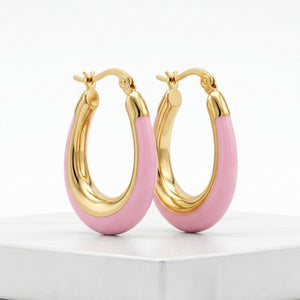 Gold and color-dipped chunky enamel oval hoop earrings for women by SAJNA SAWARNAA, featuring anti-tarnish Korean jewelry design.