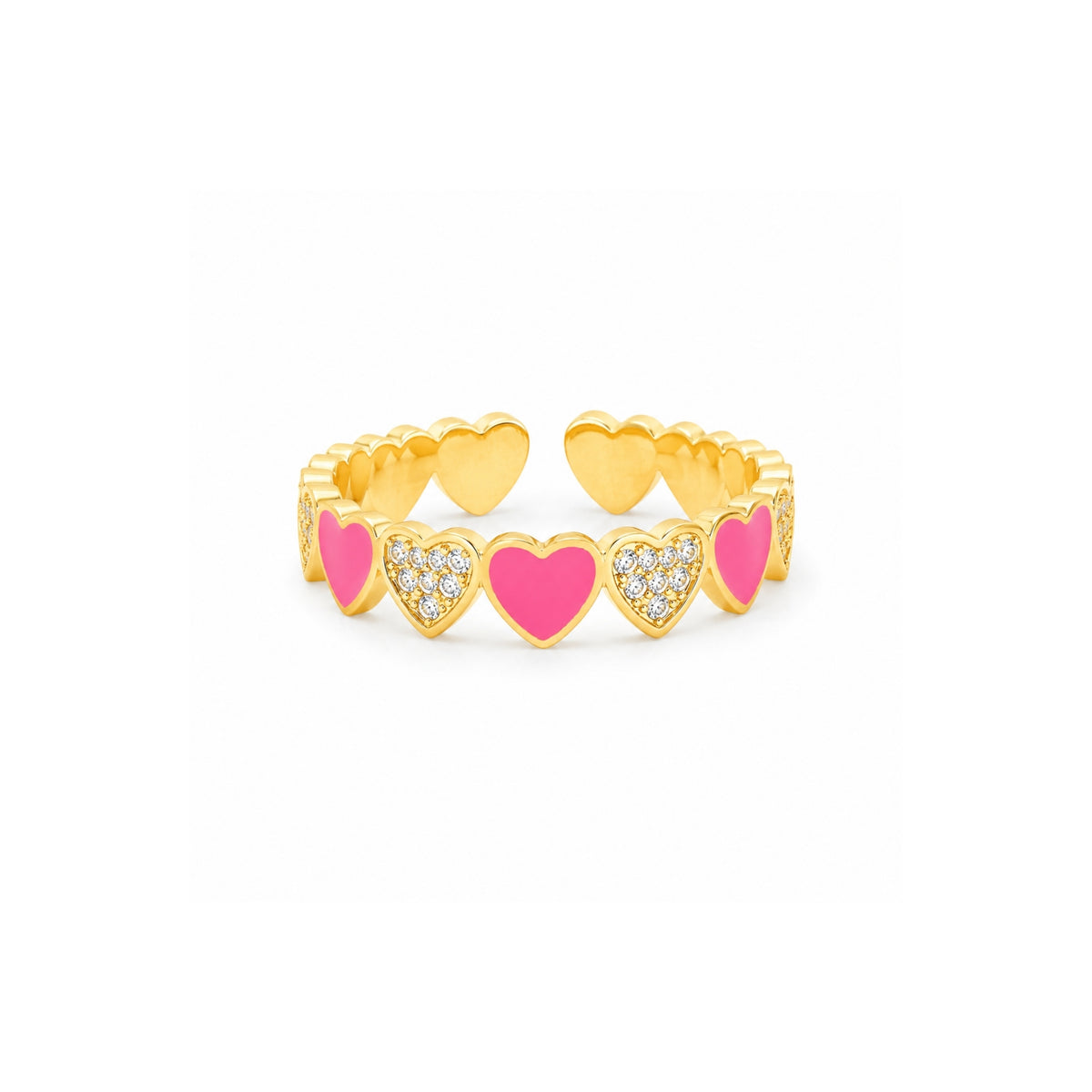 Pink heart crystal adjustable ring front view