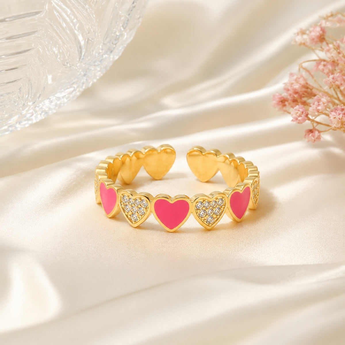 Pink heart crystal adjustable ring styled product view