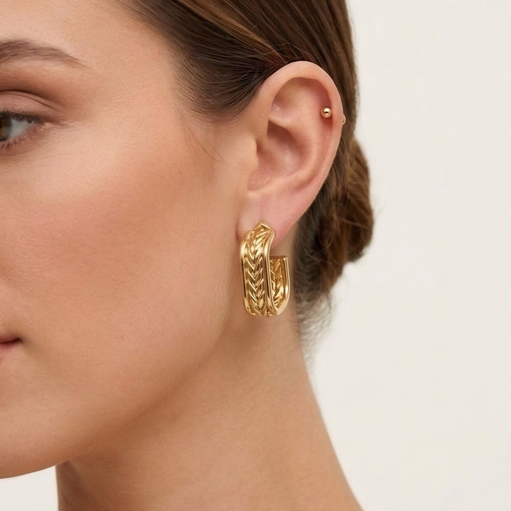 Chunky braided wheat texture square gold hoop earrings – anti-tarnish Korean jewellery by Sajna Sawarnaa
