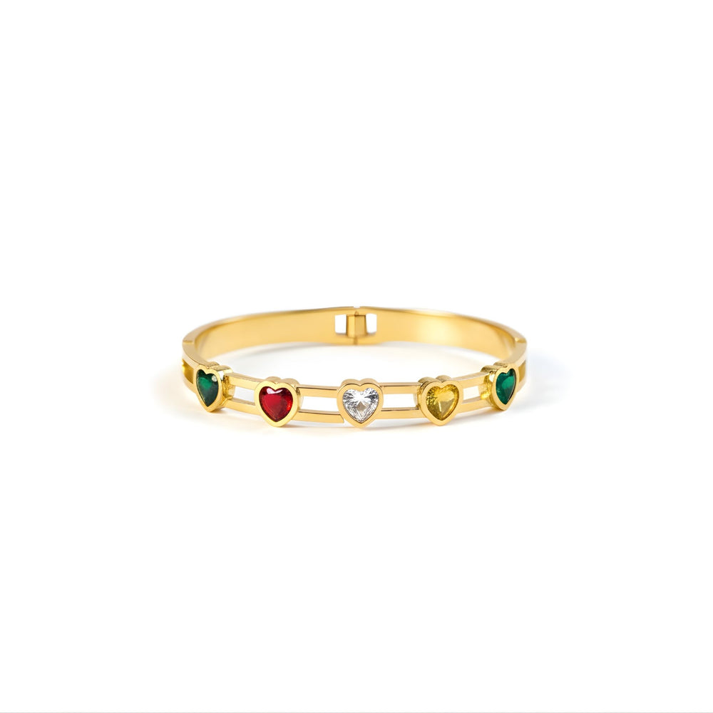 Elegant gold women's bracelet with multicolor heart-shaped gemstones, featuring a stylish bangle design by Sajna Sawarnaa.