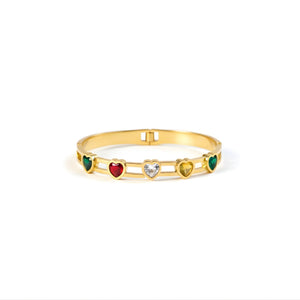 Elegant women's gold bracelet with multicolor heart gemstones, Sajna Sawarnaa luxury bangle for women.