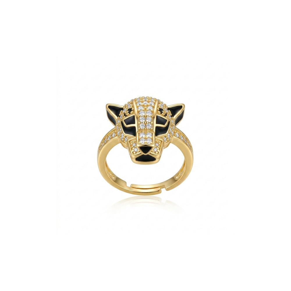 Crystal leopard head adjustable ring front view