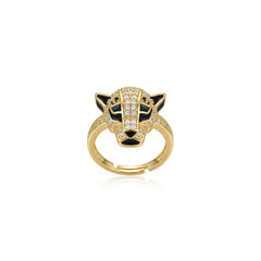 Crystal leopard head adjustable ring front view