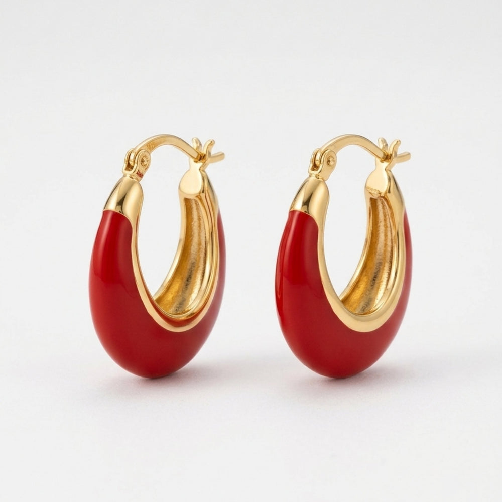 Gold and color-dipped chunky enamel oval hoop earrings for women by SAJNA SAWARNAA, featuring anti-tarnish Korean jewelry design.