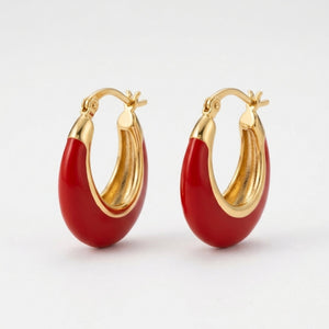 Gold and colorful enamel oval hoop earrings for women by Sajna Sawarnaa, featuring chunky design and anti-tarnish Korean jewelry craftsmanship.