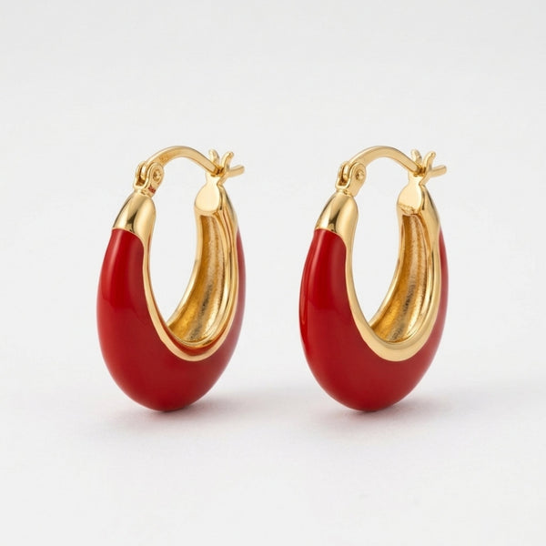 Gold and colorful enamel oval hoop earrings for women by Sajna Sawarnaa, featuring chunky design and anti-tarnish Korean jewelry craftsmanship.