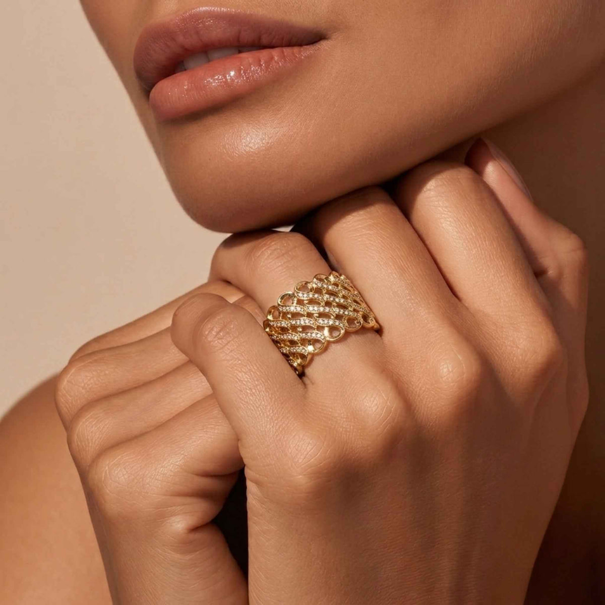 Crystal Lattice Statement Ring for Women | Gold Adjustable Open Ring | Anti-Tarnish Korean-Inspired Jewelry