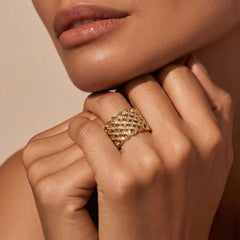 Crystal Lattice Statement Ring for Women | Gold Adjustable Open Ring | Anti-Tarnish Korean-Inspired Jewelry
