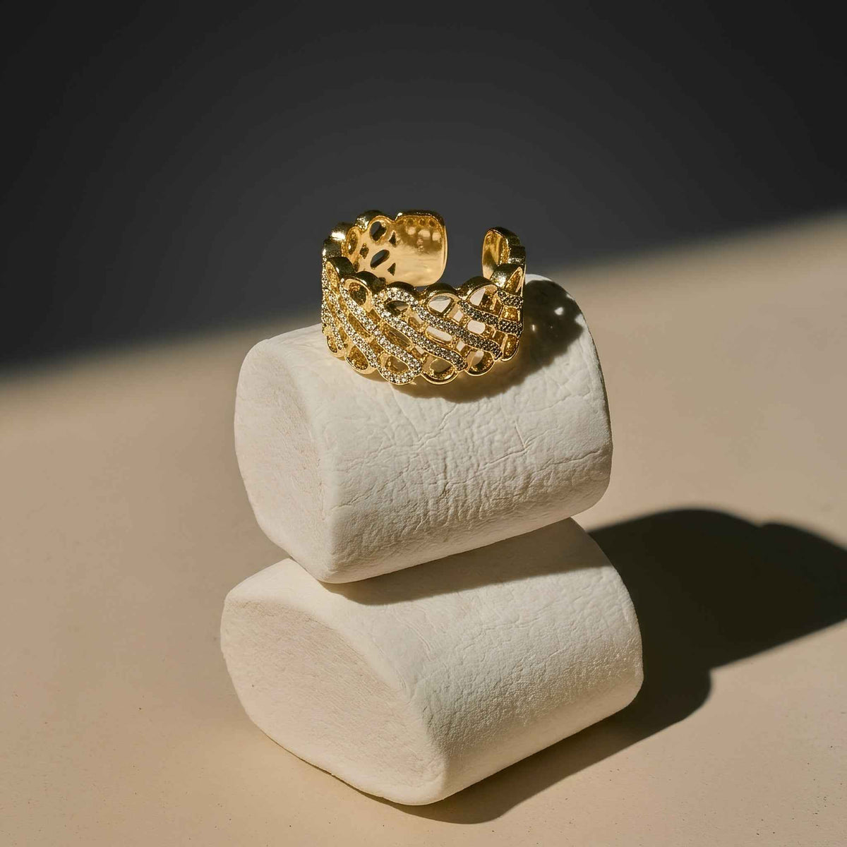 Crystal Lattice Statement Ring for Women | Gold Adjustable Open Ring | Anti-Tarnish Korean-Inspired Jewelry