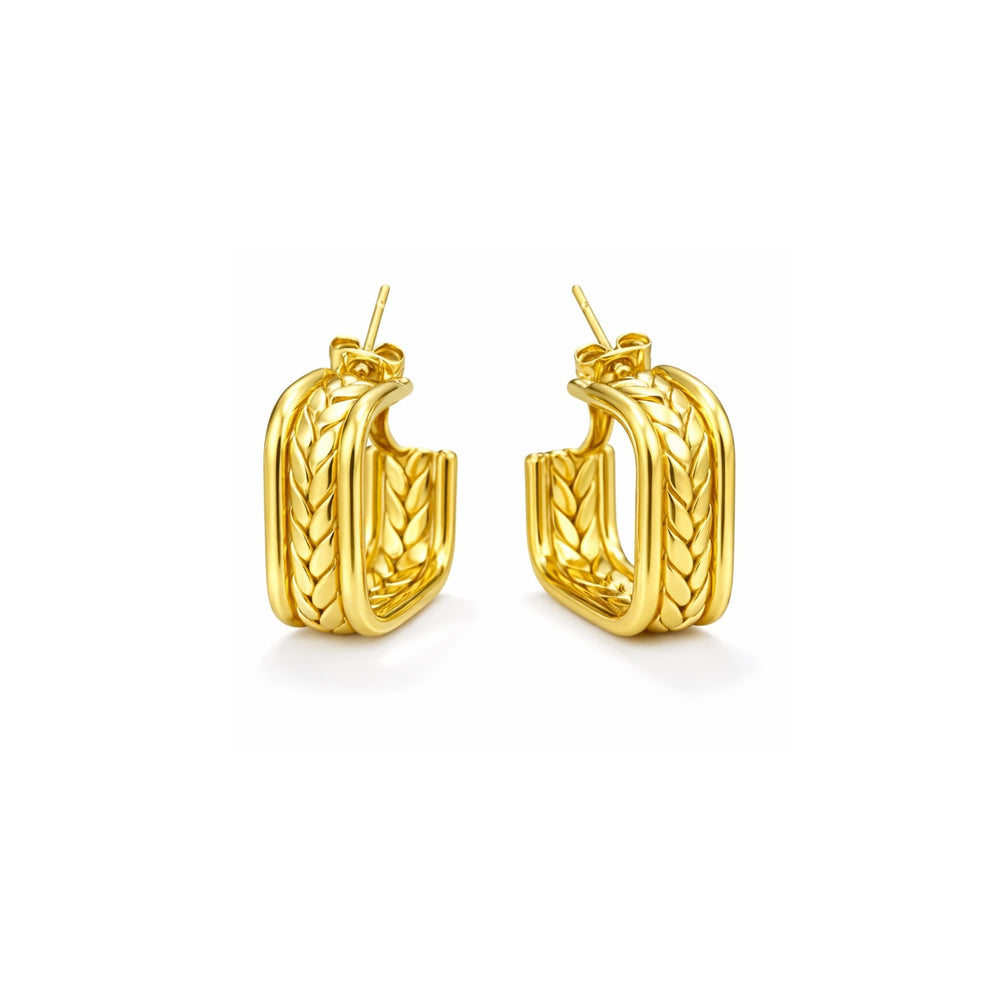 Chunky braided wheat texture square gold hoop earrings – anti-tarnish Korean jewellery by Sajna Sawarnaa
