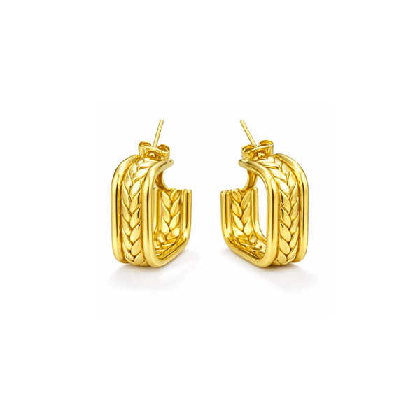 Chunky braided wheat texture square gold hoop earrings – anti-tarnish Korean jewellery by Sajna Sawarnaa
