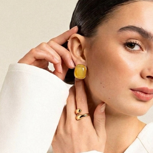 Cushion cut resin marble bezel stud earrings in amber and sky blue gold frame – anti-tarnish Korean jewellery by Sajna Sawarnaa

