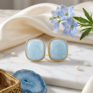 Cushion cut resin marble bezel stud earrings in amber and sky blue gold frame – anti-tarnish Korean jewellery by Sajna Sawarnaa
