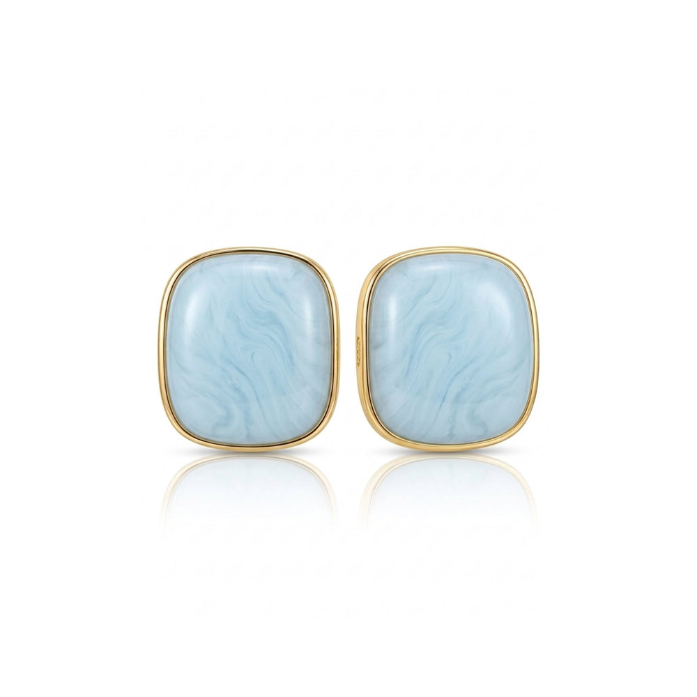 Cushion cut resin marble bezel stud earrings in amber and sky blue gold frame – anti-tarnish Korean jewellery by Sajna Sawarnaa

