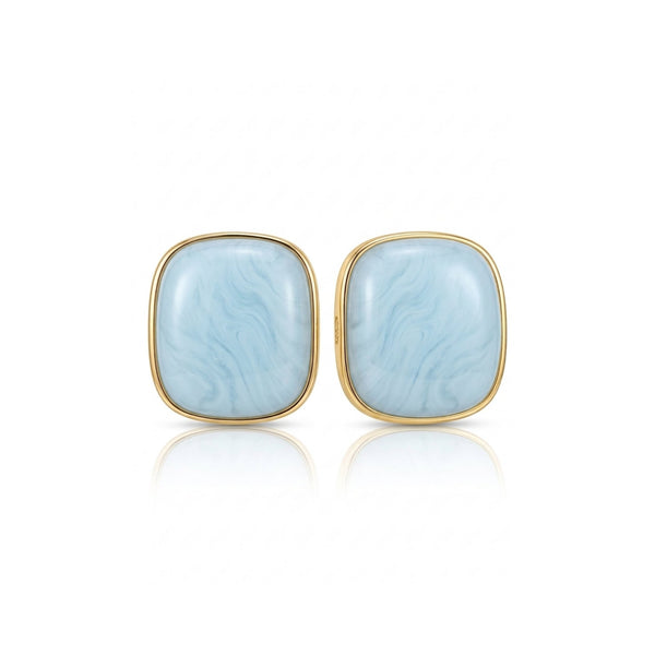 Cushion cut resin marble bezel stud earrings in amber and sky blue gold frame – anti-tarnish Korean jewellery by Sajna Sawarnaa
