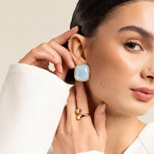 Cushion cut resin marble bezel stud earrings in amber and sky blue gold frame – anti-tarnish Korean jewellery by Sajna Sawarnaa
