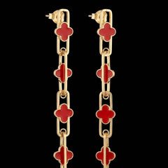 Clover Enamel Chain Drop Earrings – Long Paperclip Link Dangles | Anti-Tarnish Korean Jewellery | Sajna Sawarnaa
