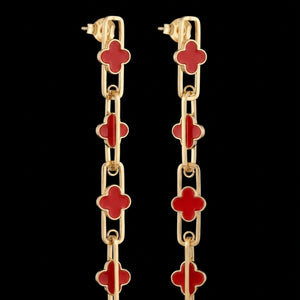 Long clover enamel paperclip chain drop earrings in red and black gold tone – anti-tarnish Korean jewellery by Sajna Sawarnaa
