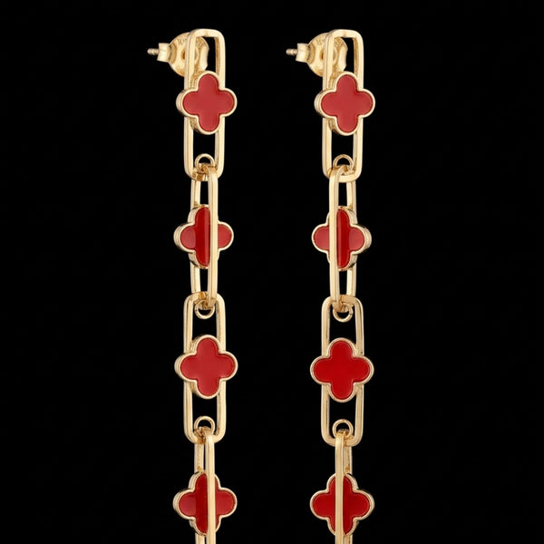 Long clover enamel paperclip chain drop earrings in red and black gold tone – anti-tarnish Korean jewellery by Sajna Sawarnaa
