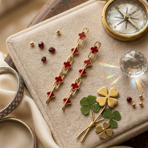 Long clover enamel paperclip chain drop earrings in red and black gold tone – anti-tarnish Korean jewellery by Sajna Sawarnaa
