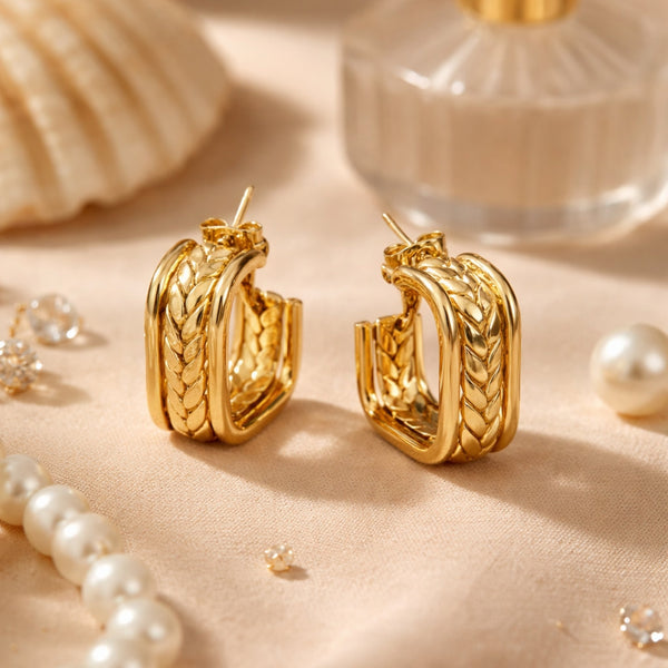 Chunky braided wheat texture square gold hoop earrings – anti-tarnish Korean jewellery by Sajna Sawarnaa
