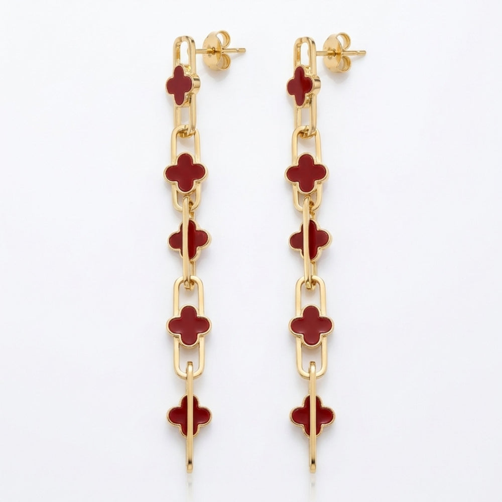Long clover enamel paperclip chain drop earrings in red and black gold tone – anti-tarnish Korean jewellery by Sajna Sawarnaa
