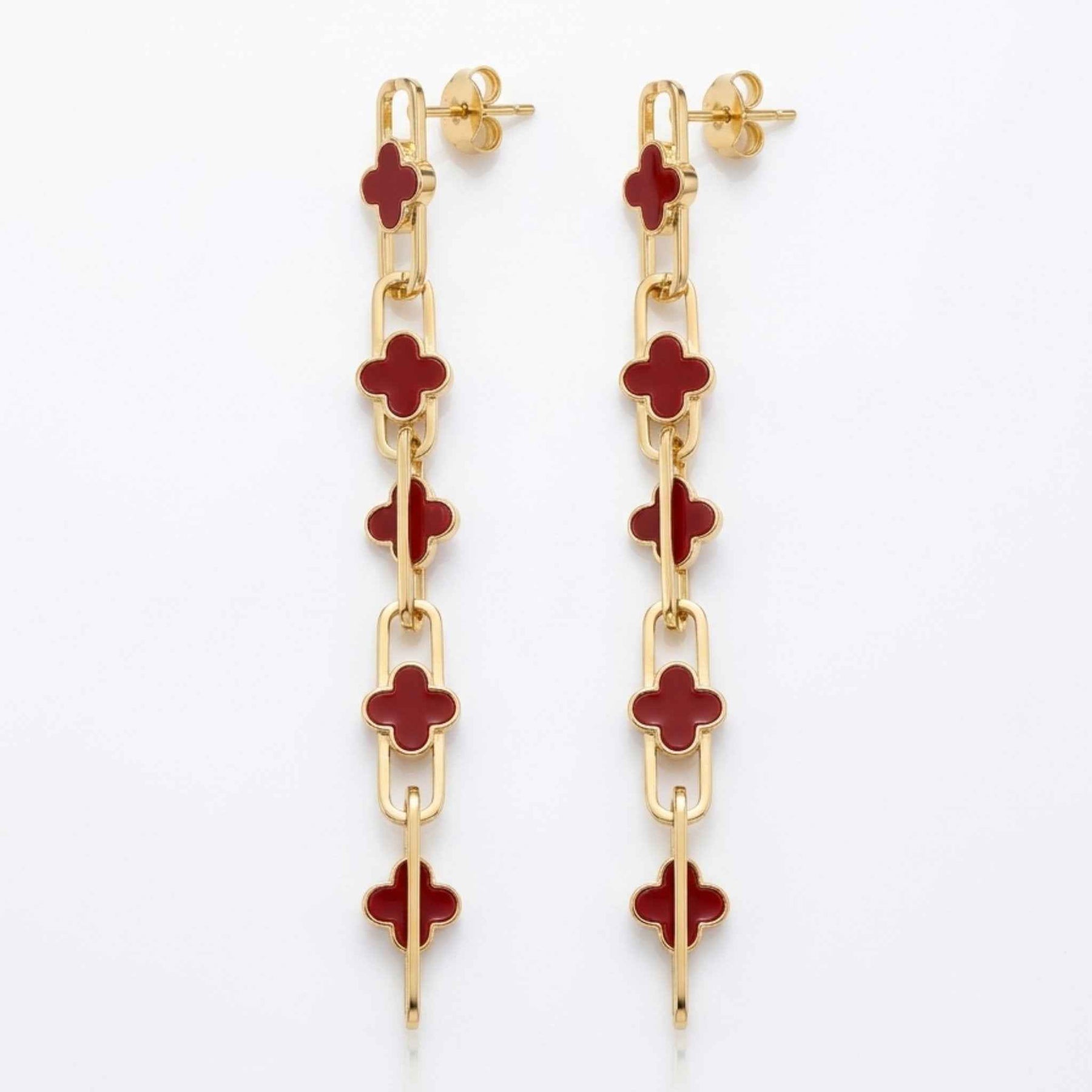 Clover Enamel Chain Drop Earrings – Long Paperclip Link Dangles | Anti-Tarnish Korean Jewellery | Sajna Sawarnaa