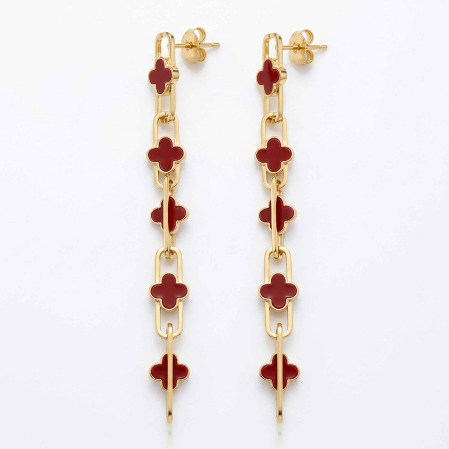 Clover Enamel Chain Drop Earrings – Long Paperclip Link Dangles | Anti-Tarnish Korean Jewellery | Sajna Sawarnaa