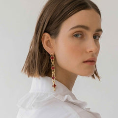 Clover Enamel Chain Drop Earrings – Long Paperclip Link Dangles | Anti-Tarnish Korean Jewellery | Sajna Sawarnaa