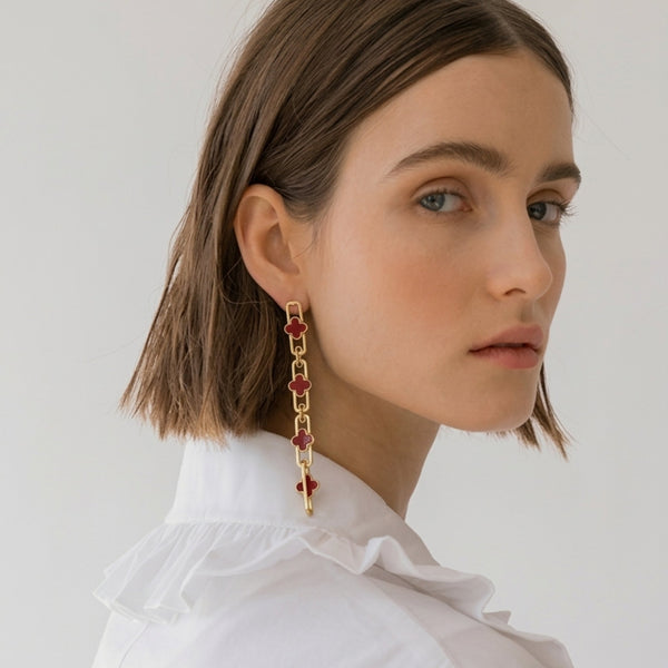 Long clover enamel paperclip chain drop earrings in red and black gold tone – anti-tarnish Korean jewellery by Sajna Sawarnaa
