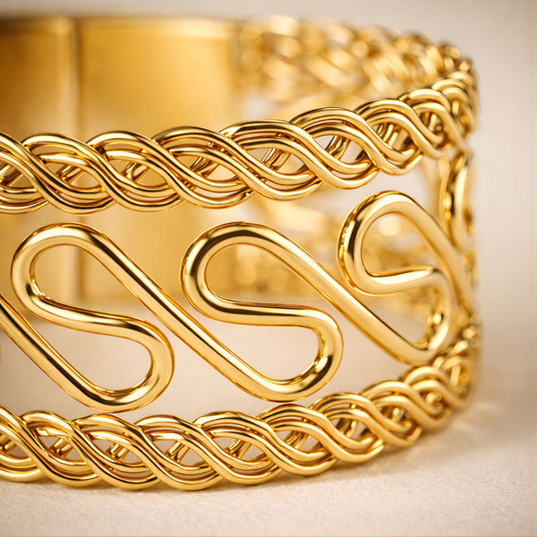 Elegant gold cuff bracelet for women with handcrafted design, perfect for party wear, by Sajna Sawarnaa.