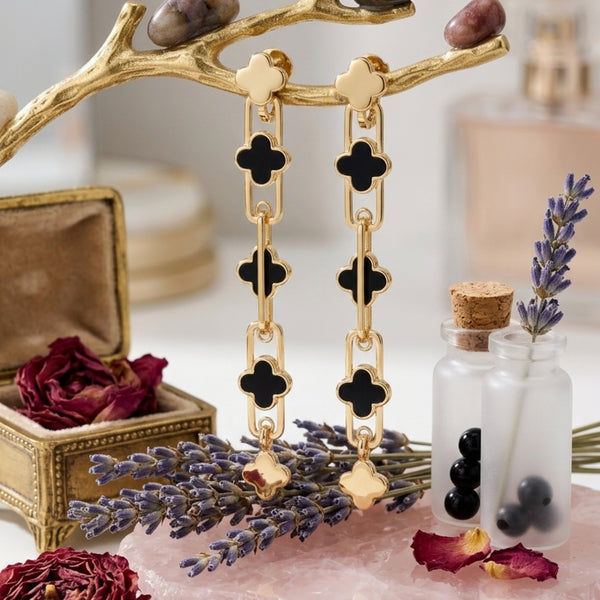 Long clover enamel paperclip chain drop earrings in red and black gold tone – anti-tarnish Korean jewellery by Sajna Sawarnaa
