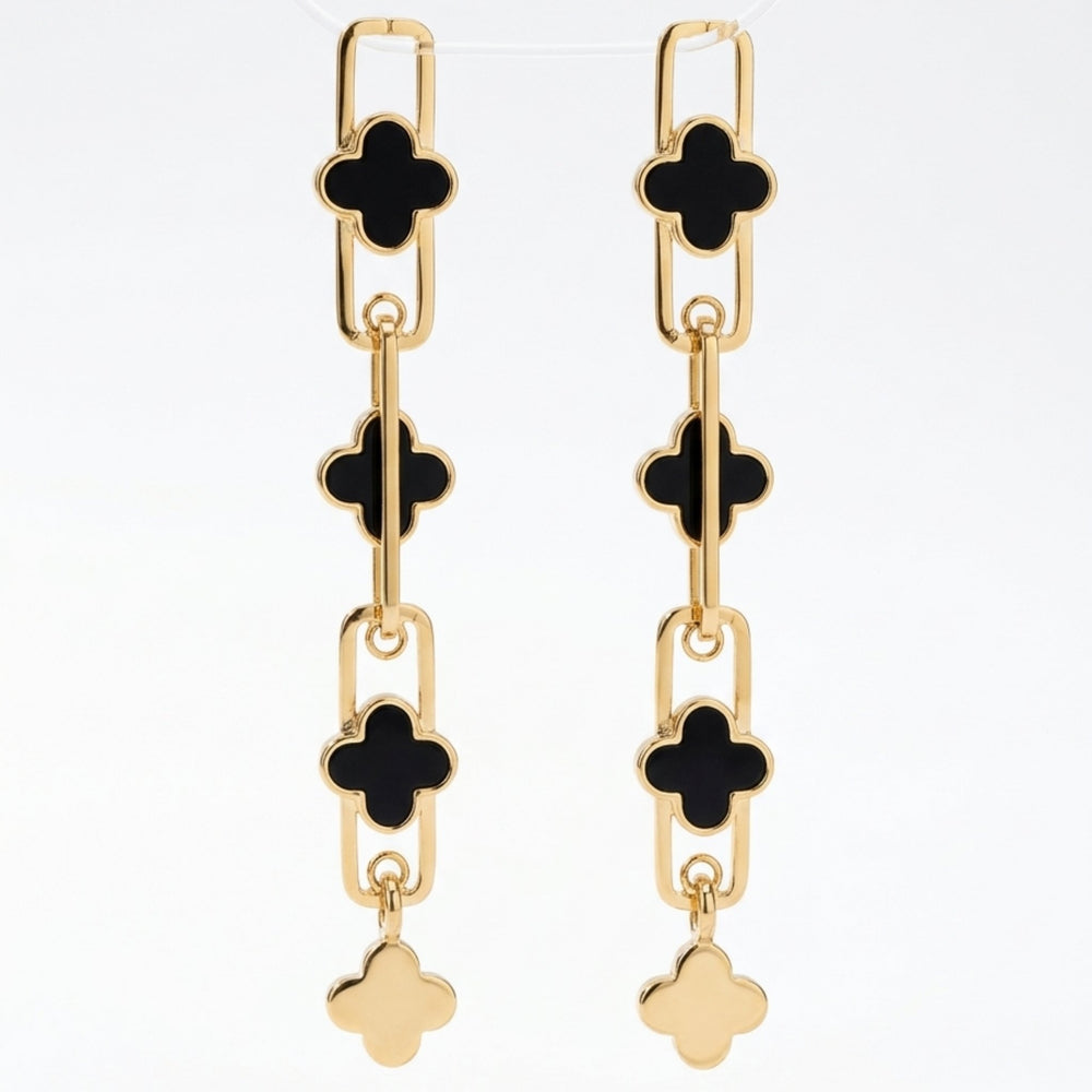 Long clover enamel paperclip chain drop earrings in red and black gold tone – anti-tarnish Korean jewellery by Sajna Sawarnaa
