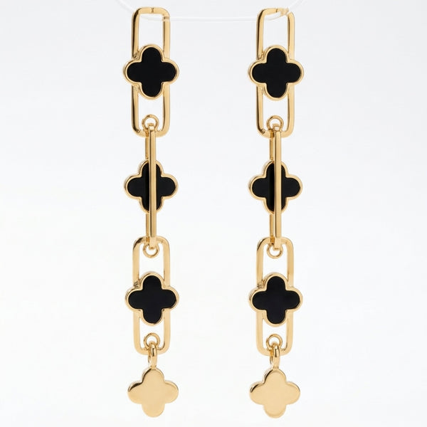 Long clover enamel paperclip chain drop earrings in red and black gold tone – anti-tarnish Korean jewellery by Sajna Sawarnaa

