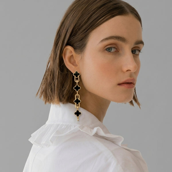 Long clover enamel paperclip chain drop earrings in red and black gold tone – anti-tarnish Korean jewellery by Sajna Sawarnaa
