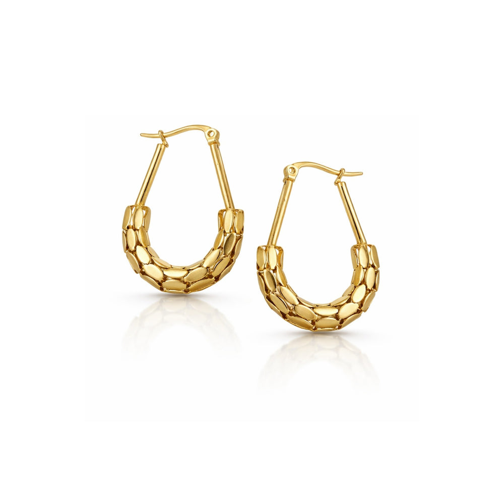 Sajna Sawarnaa gold teardrop hoop earrings with multi-row pebble texture and scale pattern, Korean anti-tarnish jewelry for women