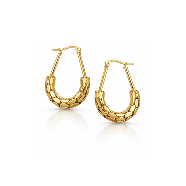 Sajna Sawarnaa gold teardrop hoop earrings with multi-row pebble texture and scale pattern, Korean anti-tarnish jewelry for women